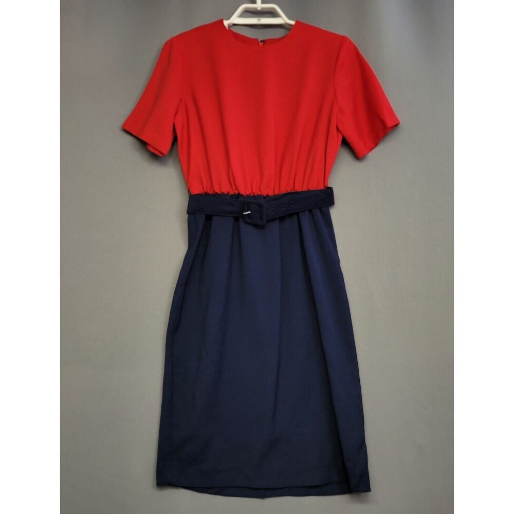 Vintage Melissa Petite Collection Midi Dress Womens 8 Red Blue Belted Colorblock